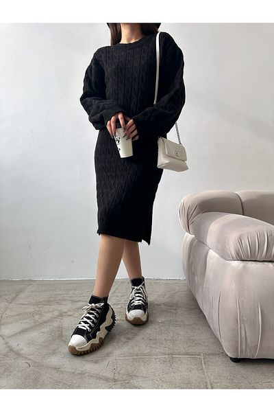 Elilook Rochie de damă din tricot cu imprimeu cu decolteu rotund cu efect de lână
