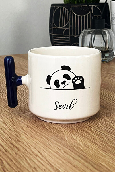 Hedizu Kişiye Özel Sevimli Panda Kupa Bardak T Kulplu Lacivert Pandalı Hediye