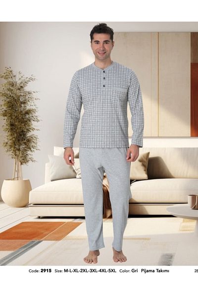 By Mecit Pijama Men's Large Size Buttoned Collar Long Sleeve with Ribbon Inside Winter 100% Cotton