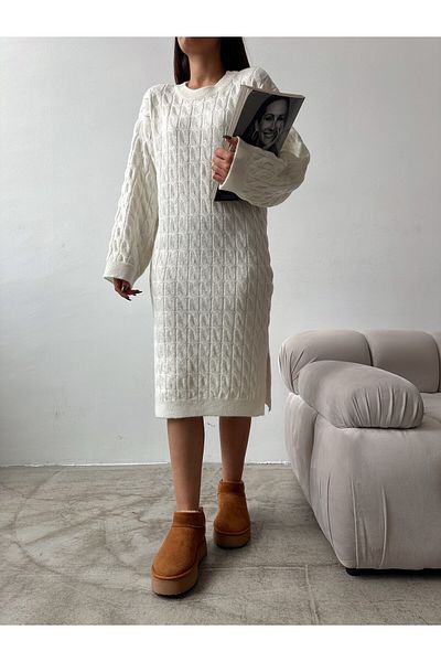 Elilook Women's Hair Knit Patterned Crew Neck Wool Effect Knitwear Dress