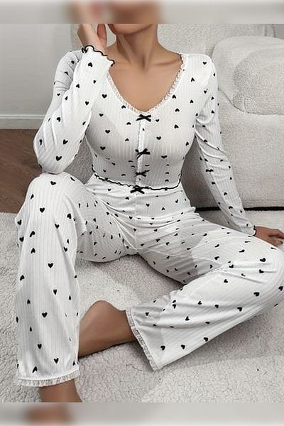 PEMBİŞ HOMEWEAR Ribbed Black Hearts Pajama Set