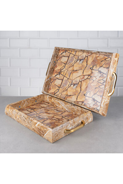 Hinora نموذج رخام أكريليك بني - صينية مكونة من قطعتين مقاس 46 × 28 سم و37 × 2...