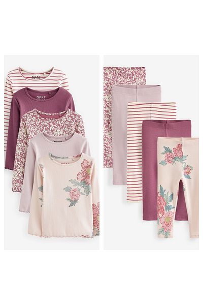 Next Baby Cotton Pink Floral Patterned Long Sleeve 5-Piece Top and Bottom Set