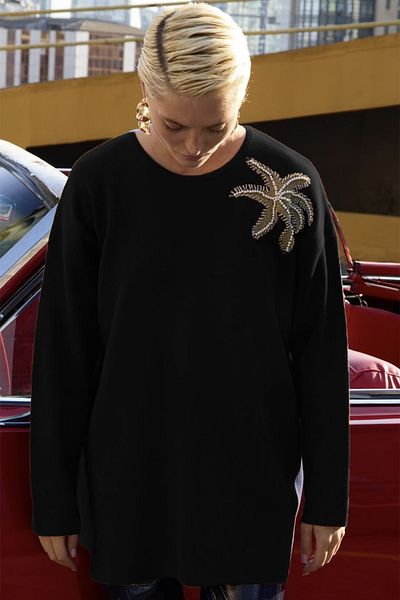 Missemramiss Black Flower Knitwear Sweater Tunic - 4583