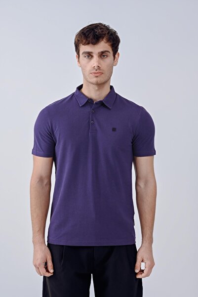 Dembu Vav Tasarım Punto Baskılı Pamuk Polo Yaka Mor T-shirt 23'