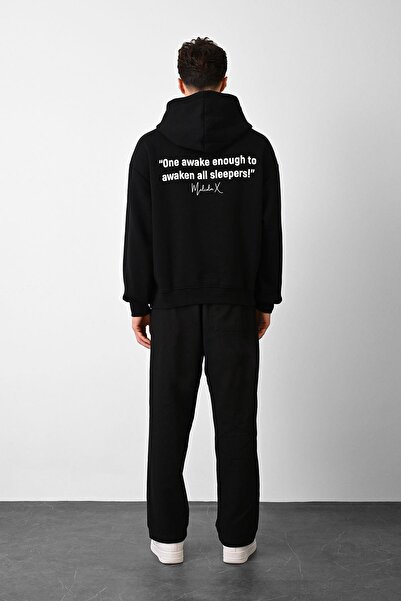 Dembu Malcolm X Tasarım Kapüşonlu Siyah 3 İplik Şardonlu Sweat 24'