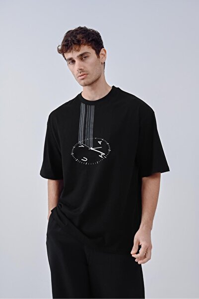 Dembu Saat Tasarım Siyah Pamuk Bisiklet Yaka Oversize T-shirt 23'