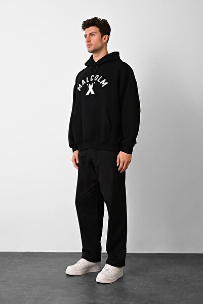 Dembu Malcolm X Tasarım Kapüşonlu Siyah 3 İplik Şardonlu Sweat 24'