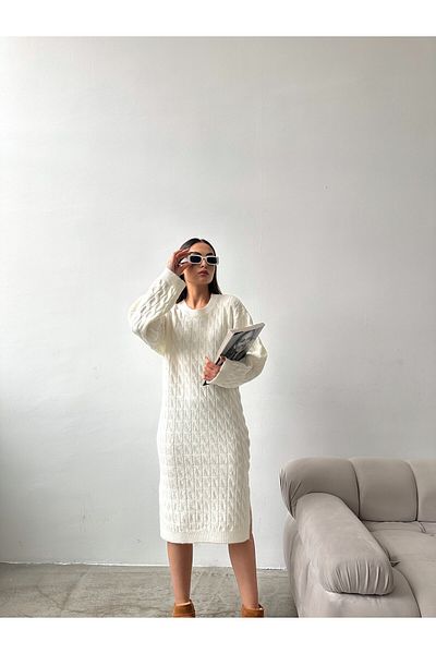 Elilook Women's Hair Knit Patterned Crew Neck Wool Effect Knitwear Dress