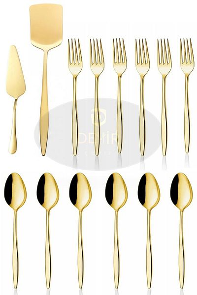 DMR LİFE 14 Pieces Stainless Steel Ruby Gold Dessert Spoon and Fork, Cake Spatula Serving Set
