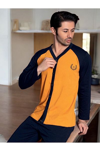 Sude Men's Buttoned Front Long Sleeve Pajama Set