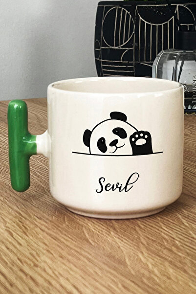Hedizu Kişiye Özel Sevimli Panda Kupa Bardak T Kulplu Yeşil Pandalı Hediye