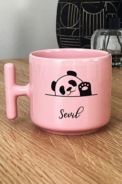 Hedizu Kişiye Özel Sevimli Panda Pastel T Kulplu Kupa Bardak Pembe Pandalı He...