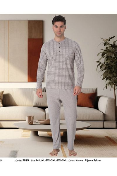 Mecit Pijama Men's Large Size Buttoned Collar Long Sleeve with Ribbon Inside Winter 100% Cotton
