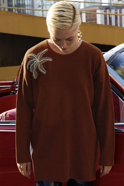Missemramiss 4583 Model Brown Flower Knitwear Sweater Tunic