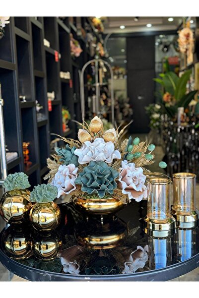 TASARIMHMODA Yapay Çiçekli Gold Yassı Vazo 5 Parça Set No:4