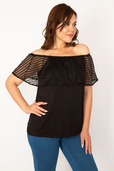 Şans Women's Large Size Black Elastic Collar Lace Flounce Blouse 65n33880