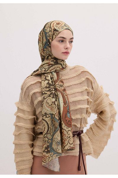 Fresh Etnic Paisley Patterned Shal - Camel Feather