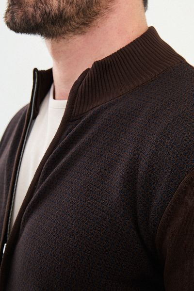 Mcr Patterned Slim Fit Judge Collar Wool Men's Cardigan Brown - 11239.24K