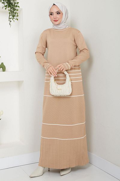 hafsamina Camel Knitwear Dress - Garnished Mercerized Hm2602