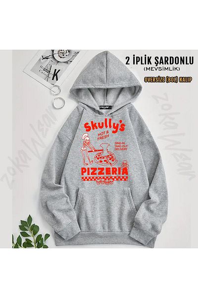 ZOKAWEAR Skully's Pizzeria Printed Hooded Oversize Sweatshirt (2 Thread)