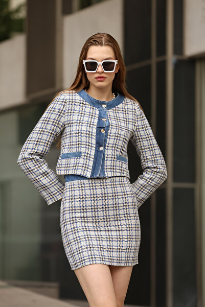 Nesil Denim Detailed Houndstooth Patterned Jacket Skirt Set