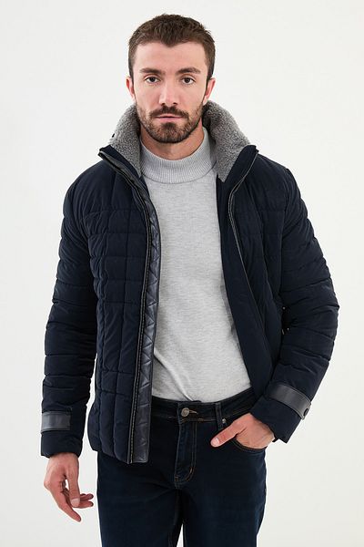 Mcr Quilted Slim Fit Fur Stand Collar Men's Coat Navy Blue - 39619.24K