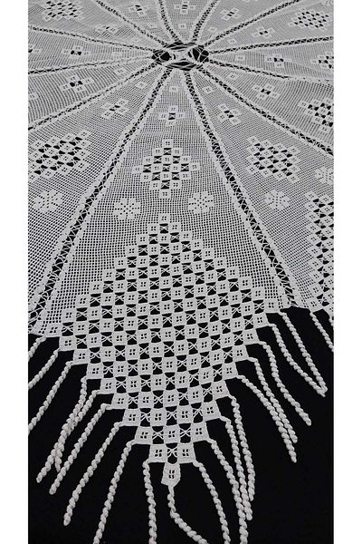 Papatyam 1 Piece Fiskos Tablecloth - Hand Knitted Crochet (110 cm Diameter) / Lace Set / Flush Rope