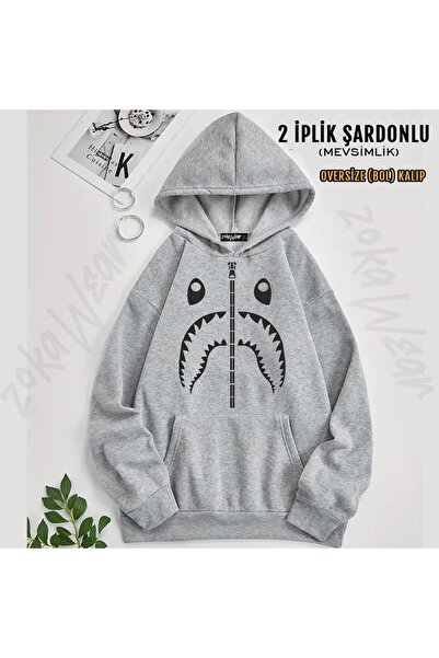 ZOKAWEAR Hanorac supradimensionat cu glugă cu fermoar bape shark (2 fire)