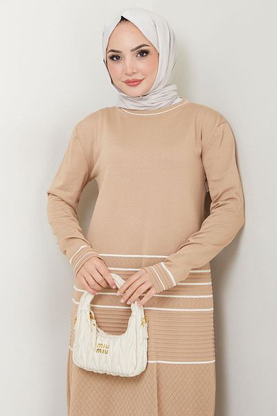 hafsamina Camel Knitwear Dress - Garnished Mercerized Hm2602