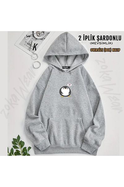 ZOKAWEAR Minimalist Penguin Heart Fun Printed Hooded Oversize Sweatshirt (2 Thread)