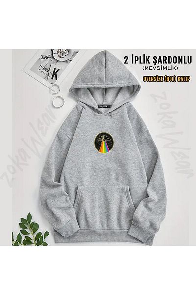 ZOKAWEAR  Ufo Rainbow Ufo Printed Hooded Oversize Sweatshirt (2 Thread)