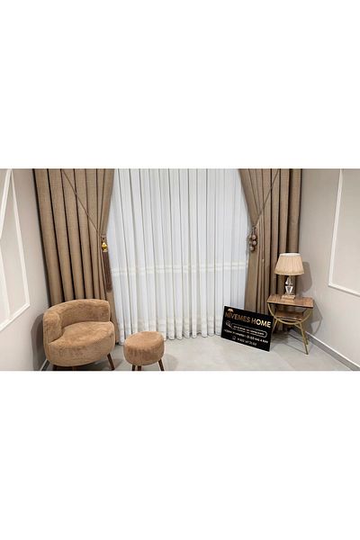 NİVEMESHOME Nivemeshome Haven 3023 - Gold Detailed, 1/3 Close Pleated Tulle Curtain