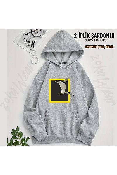 ZOKAWEAR Nat Geo in the Air Penguin Printed Hooded Oversize Sweatshirt (2 Thread)