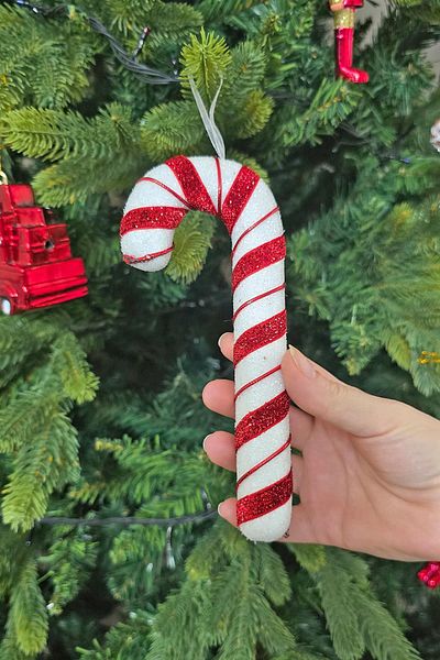 PEKSHOP Bright Red White Christmas Tree Ornament - Long Candy Can, 17cm