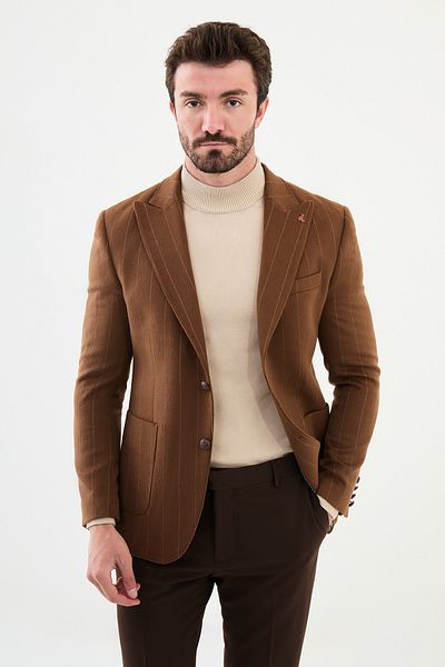Mcr Striped Slim Fit Pocket Pocket Wide Collar Wool Men's Jacket Camel - 40392.24K