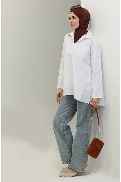 sefamerve 2007-07 Model White Oversize Tunic