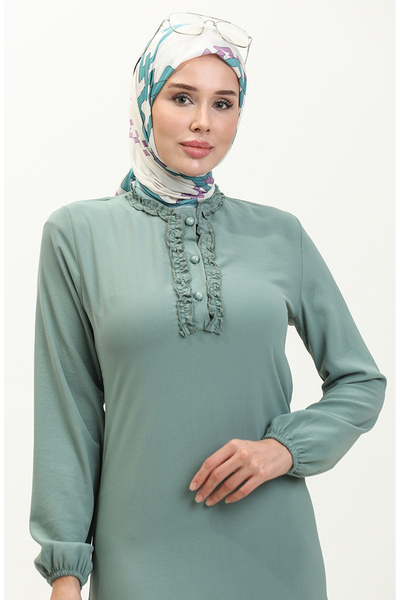 sefamerve Aerobin Kumaş Fırfırlı Elbise 1006-05 Çağla Yeşili