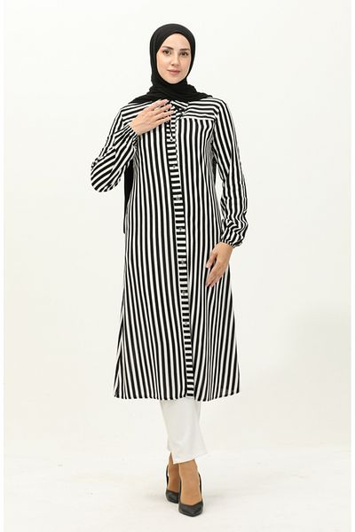sefamerve Viscose Striped Tunic 2039-02 - Black and White