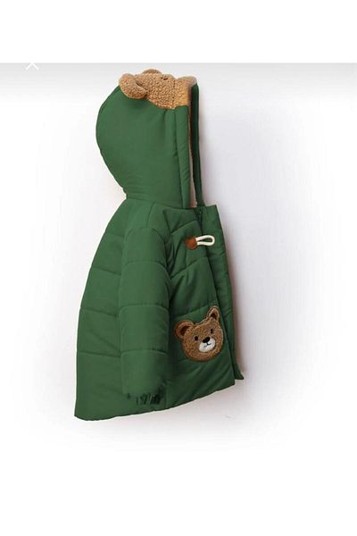 Magu Boy's Green Hooded Lined Zippered Teddy Bear Coat