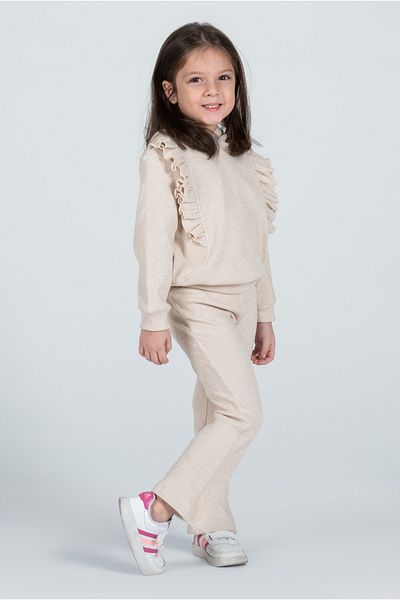 Kyron Girl's Frill Detailed Hooded Knitwear Tracksuit Set - Beige