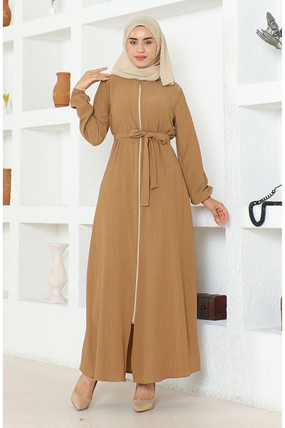sefamerve Milk Coffee Colored Wrap Fabric Belted Ferace 1019-02