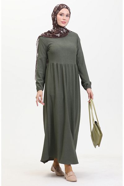 sefamerve Khakifarbenes, gerafftes Kleid mit gewickelter Taille – 1016-04