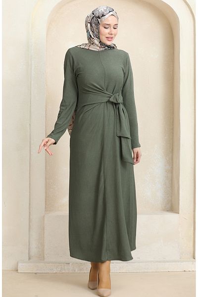 sefamerve Khakifarbenes, durchbrochenes, seitlich gebundenes Kleid – 1017-05