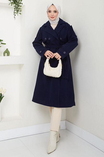 hafsamina Παλτό Navy Blue Stamp - Διπλό πέτο, κουμπιά και ζώνη HM2603