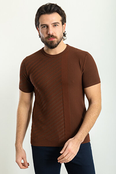 Mcr Desenli Slim Fit Bisiklet Yaka Erkek Triko T-Shirt Fındık - 11446.23Y