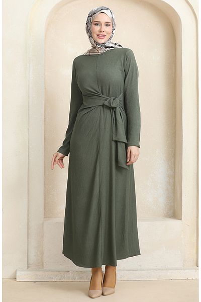 sefamerve Khakifarbenes, durchbrochenes, seitlich gebundenes Kleid – 1017-05