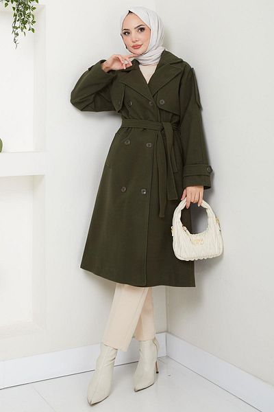 hafsamina Παλτό Khaki Cashmere - Διπλό πέτο, κουμπιά και ζώνη HM2603