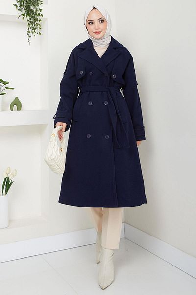 hafsamina Παλτό Navy Blue Stamp - Διπλό πέτο, κουμπιά και ζώνη HM2603