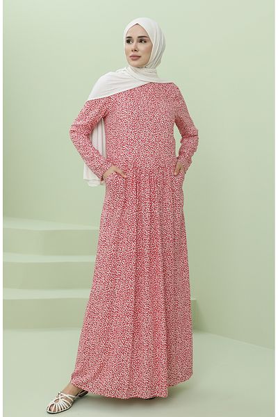 sefamerve Red Dress - Gathered Waist and Pocket 3304-08